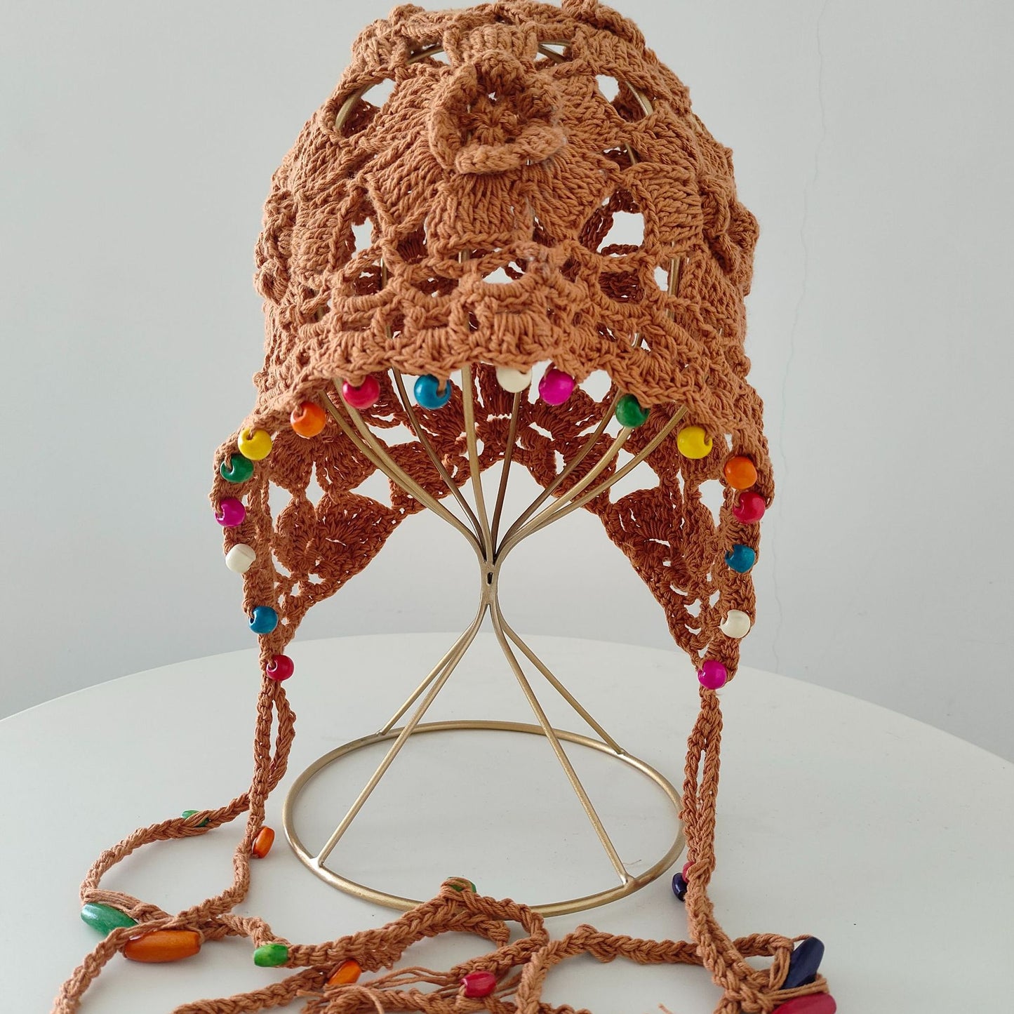 Flower Tassel Knitted Hat Pure Cotton Handmade Colorful Beads Retro Hollow