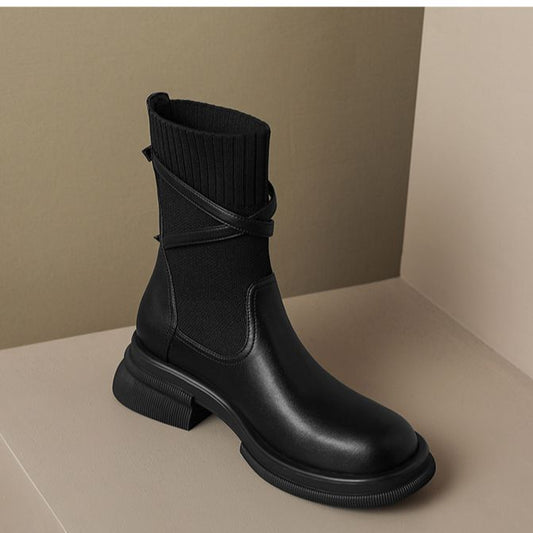 Thick Bottom Chunky Heel Real Soft Leather Round Toe Retro Socks Boots For Women