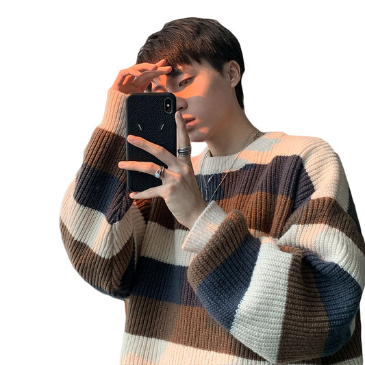 Tykk Stribet Sweater Rund Hals Løs Sweater til Mænd