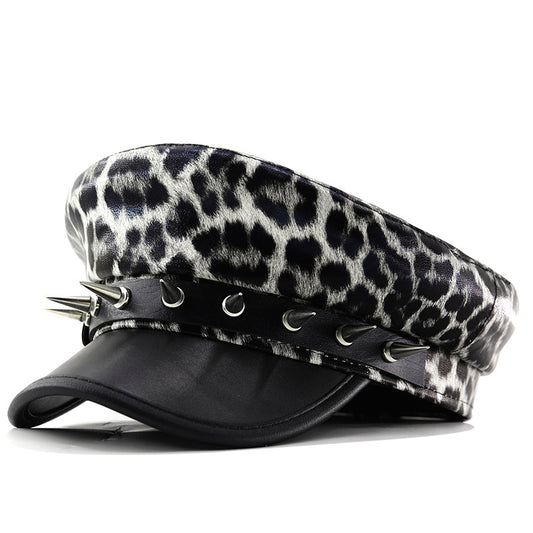 Leopard Print Leather Hat Punk Rock Beret Leather Summer And Autumn
