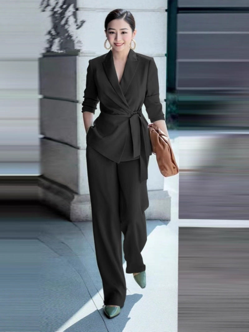 Solid Color Elegant Belted Suit For Women