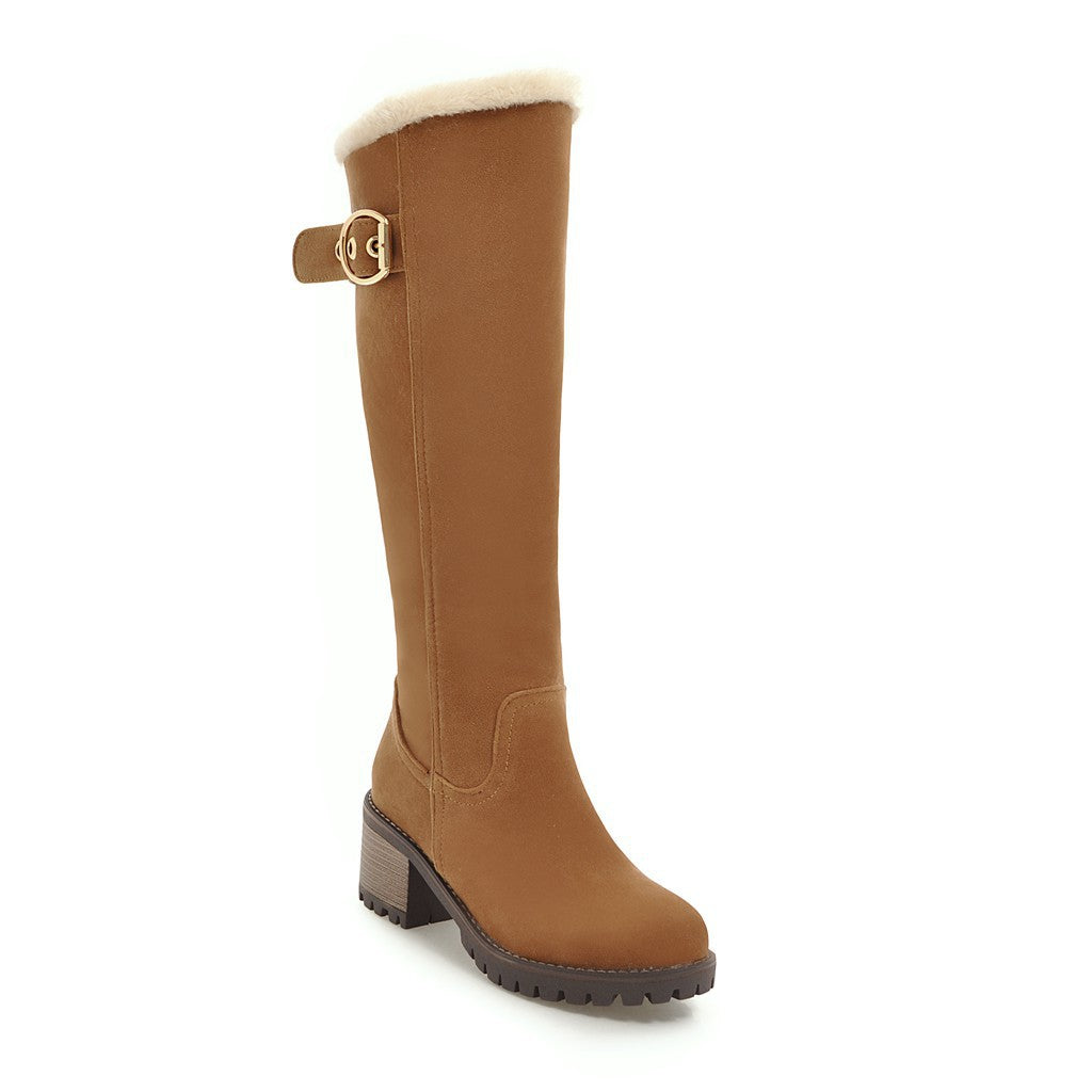 Medium Chunky Heel Suede Buckle Zipper Versatile Warm Knee-length Boots