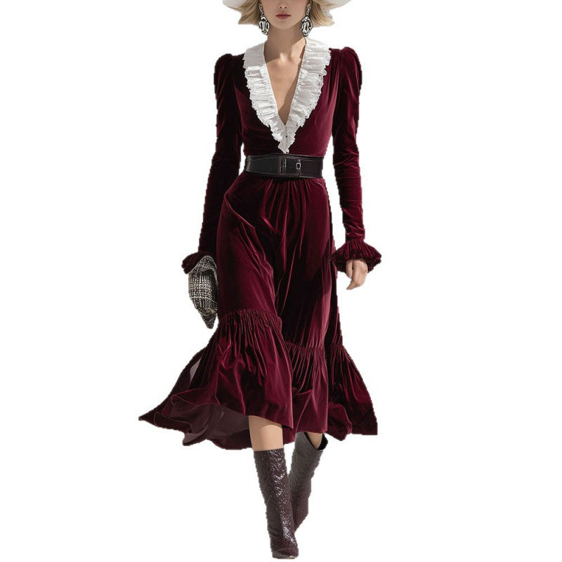 V-neck Contrast-Color Slim-Fit Elegant Long-Sleeve Mermaid Dress For Women