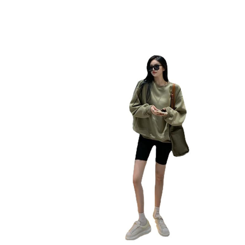 Women's Loose Green Long Sleeve Round Neck Top