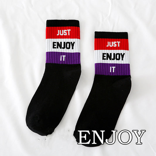 Spring And Autumn Ladies New Mid-calf English Letters Wide Stripe Combination Ins Trend Athletic Socks Combed Cotton Women's Socks Manufacturer