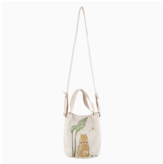 Japanese Ink Painting Cute Shiba Inu Canvas Small Bucket Bag