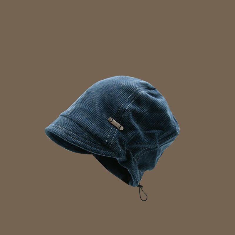 Plaid Embroidery Labeling Drawstring Knitted Pile Heap Cap