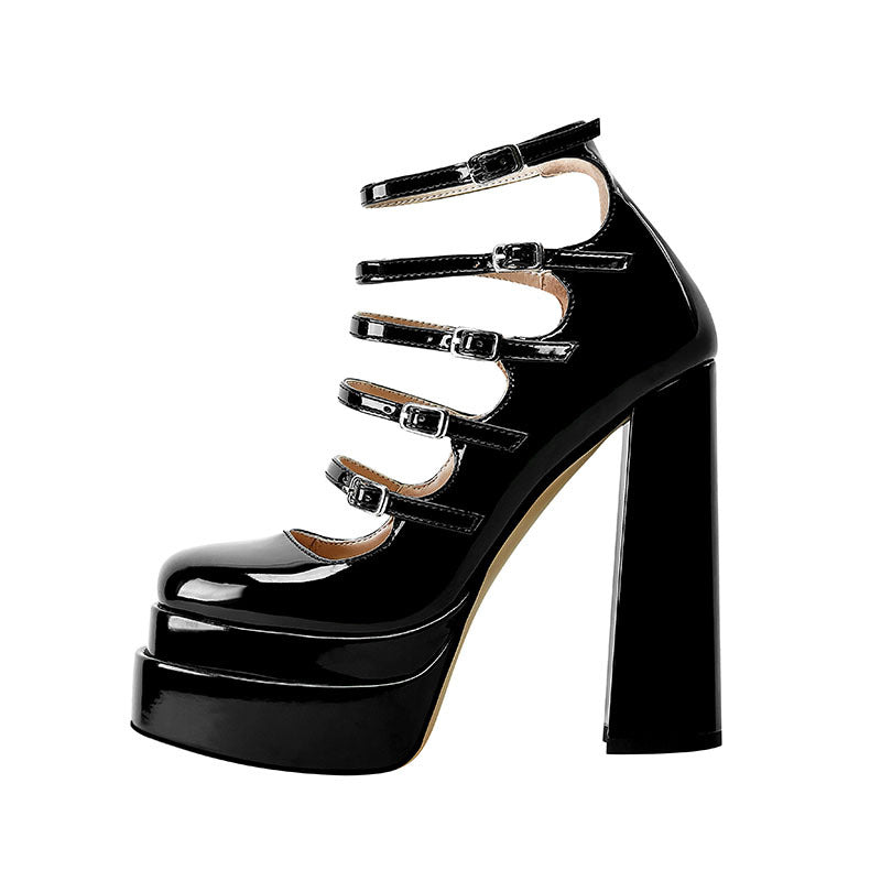 Patent Leather Waterproof Platform Square Toe Hollow Belt Buckle Buckle High Heels