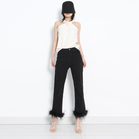 Simple Cropped Fashion Trousers Ostrich Feather Stitching Design For Women