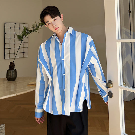 Design Button Waist Press Pleats Oversize Striped Shirt Men