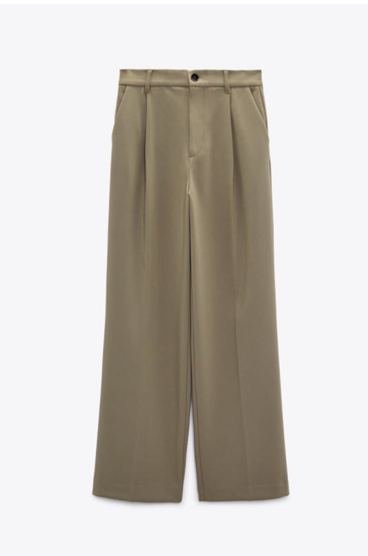 Casual Zipper And Button Closure Front Pleated Design High Waist Trousers