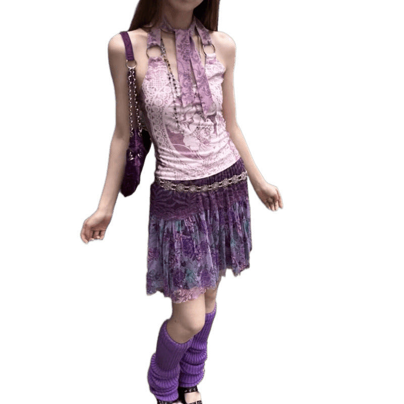 Retro Romantic Pattern Halterneck With Suspenders Vest