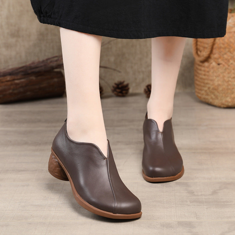 Retro Soft Leather Soft Sole Thick Heel Casual Women's Shoes