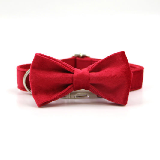 Red Thick Velvet Gold Buckle Pet Collar Leash Bowknot Christmas Pet Supplies