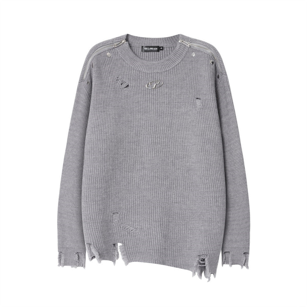 Design Sense Zipped Round Neck Solid Color Casual Sweater