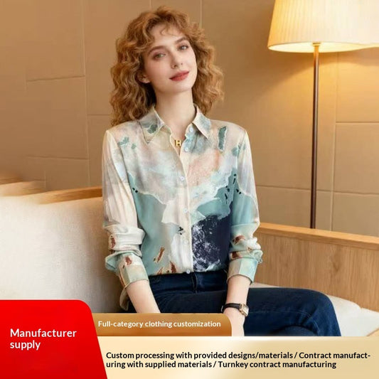 Womens Retro Printed Long Sleeve Lapel Shirt With Floral Print