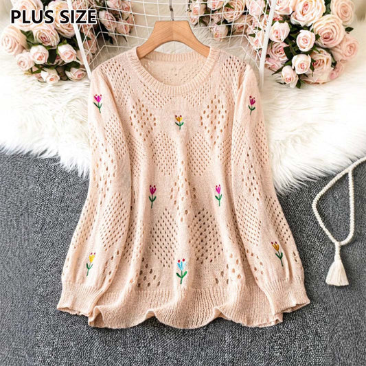 Casual Flower Embroidered Long Sleeve Round Neck Hollow Out Sweater
