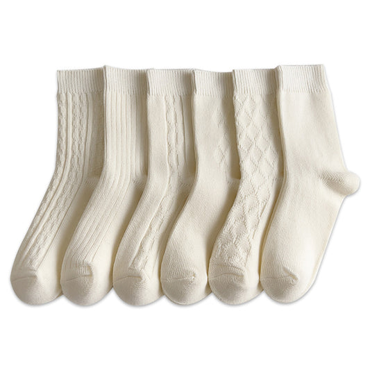 White Socks Women's Mid Tube Stockings Thick Thread Diamond Lattice Autumn And Winter
