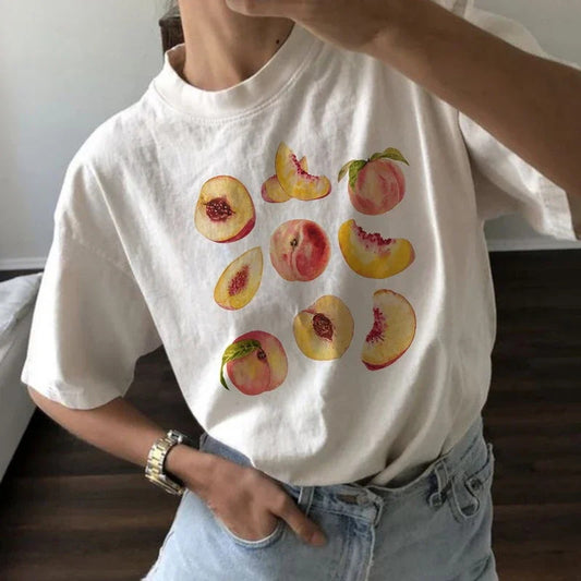 Europæisk og amerikansk retrotrykt udenrigshandel T-shirt sød ensfarvet