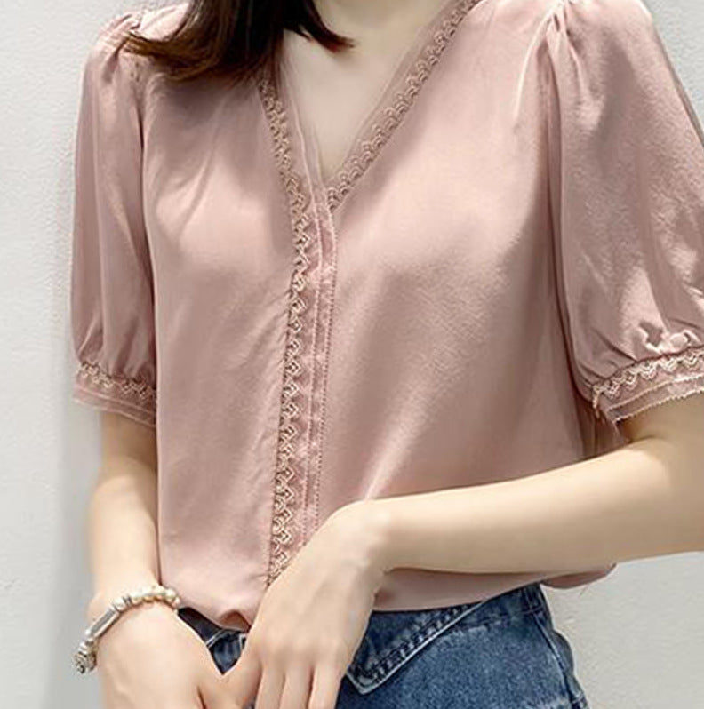 New Stylish Loose V-neck Puff Sleeve Design Sense Niche Lace Top