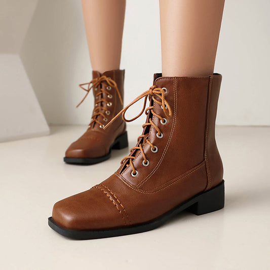 Womens Comfortable Lace-Up Square-Toe Outdoor Motorcycle Boots