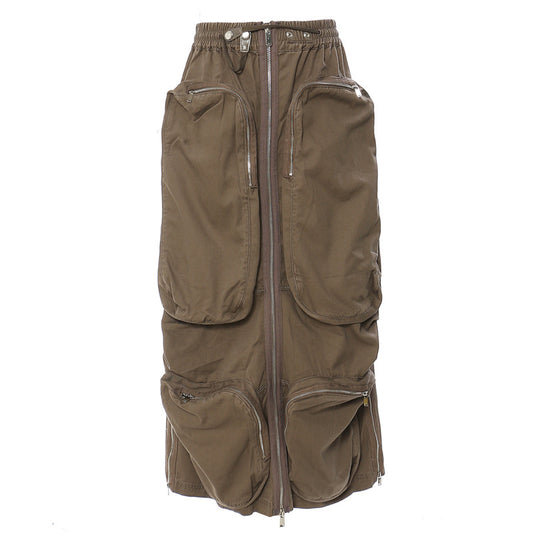 Three-dimensional Zipper Pocket Side Slit Midi Skirt