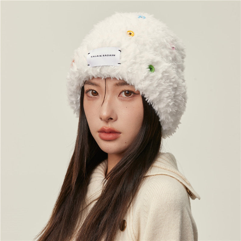 Women's Plush Woven Hat With Thick Warm Colored Buttons