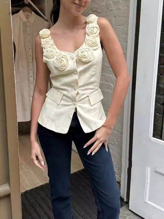 Female Fashion Single-breasted Three-dimensional Flower Vest Jacket