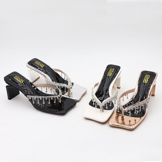 Square Toe Rhinestone High-heeled Outdoor Women's Fashionable Chunky Heel Plus Size Sandals