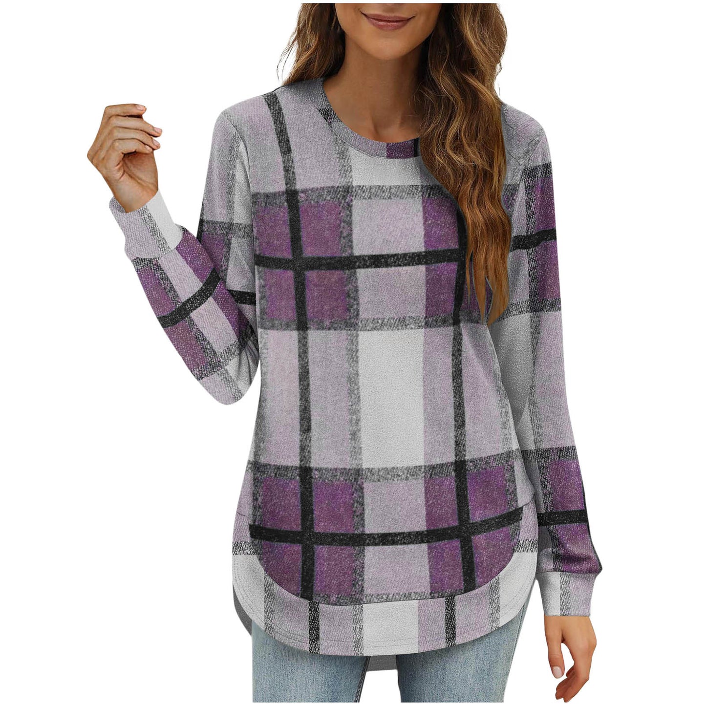 Women's Casual Loose Plaid Long Sleeve Round Neck Irregular Bottoming Shirt Top
