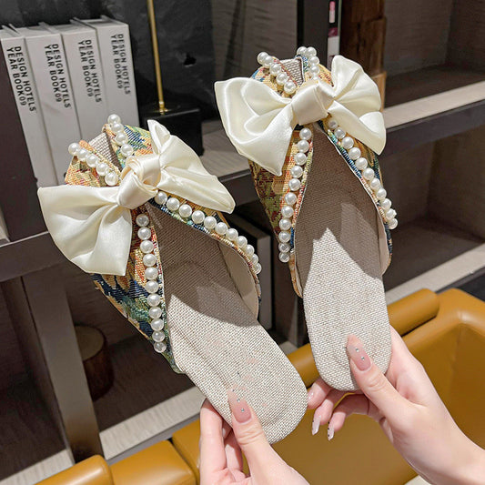 Women's Fashion Package Head Flat Bow Tie Floral Slippers