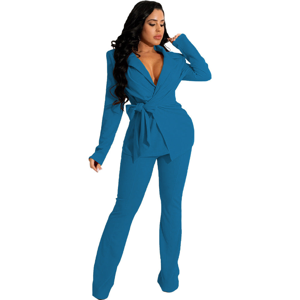 European And American Women's Stand Solid Color Fashion V-neck Two-piece Suit