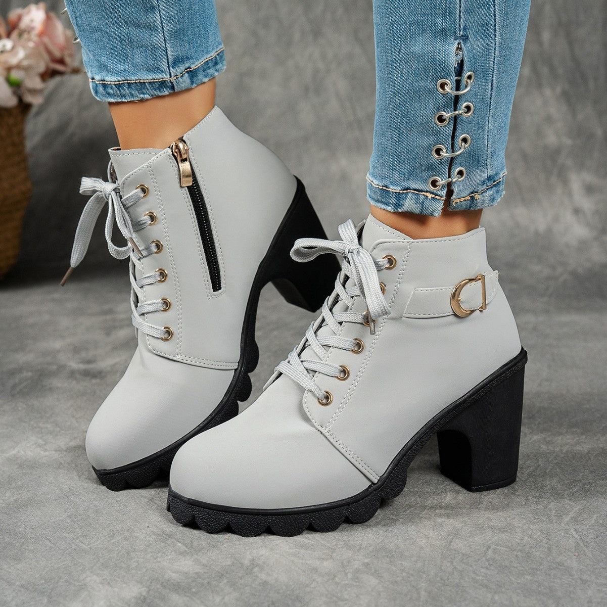 Metallic Belt Buckle Thick Heel Short Tube Martin Boots Women