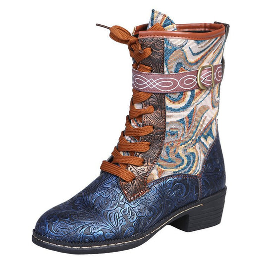 Retro Embroidered Ethnic Style Square Heel Martin Boots