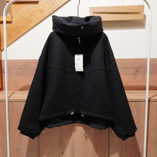 Patchwork Hooded Short Woolen Fashion Black Coat