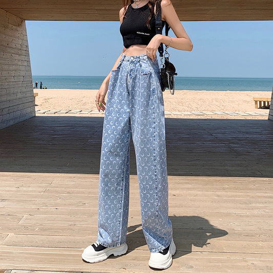 Women's Printed Loose And Slim Straight-leg Pants Dragging The Floor Drape