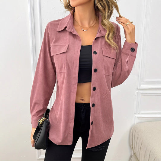 Fløjlsreversskjorte vintage cardigan-lommeskjortefrakke til kvinder