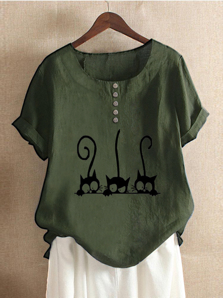 New Fashion Cat Print Round Neck Loose T-Shirt