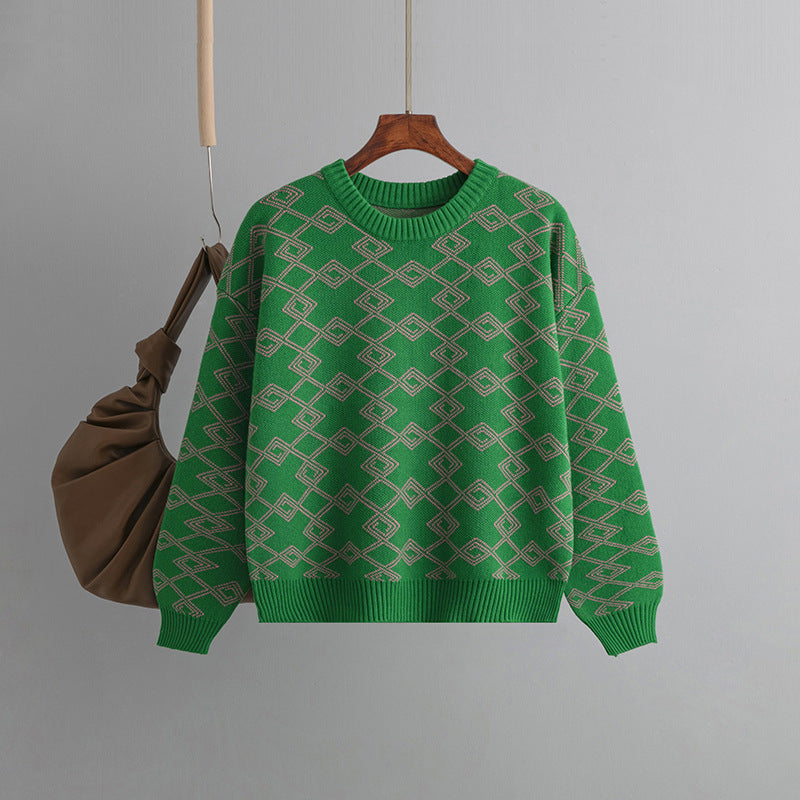 Jacquard Long-sleeved Sweater Loose Round Neck Western Style