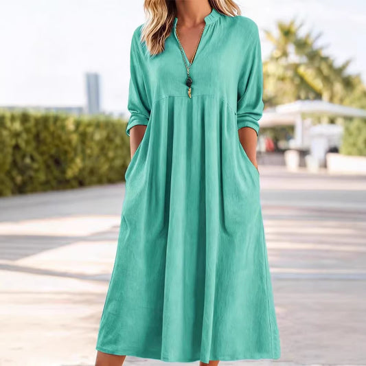 Womens Relaxed-fit Vintage Cotton-Linen Long-Sleeve V-Neck Dress With Pockets