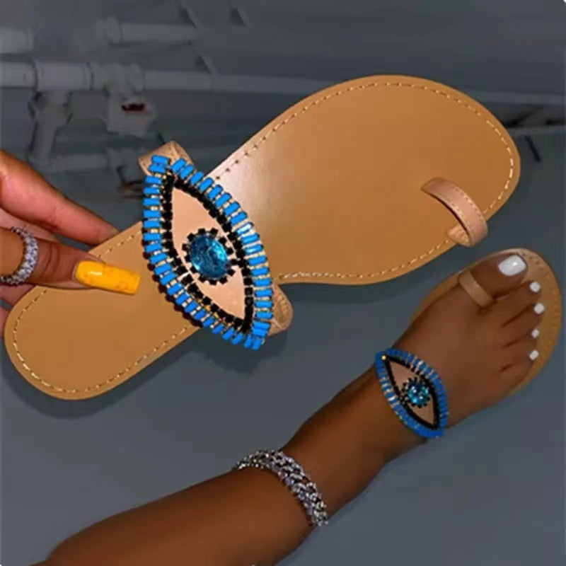 Sapphire Rhinestone Set Toe Flat Slippers European And American Large Size