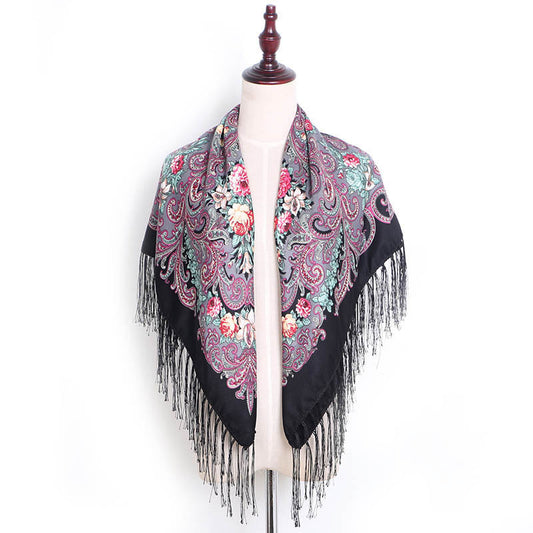 Women's Fringed Cotton And Linen Printed Square Scarf