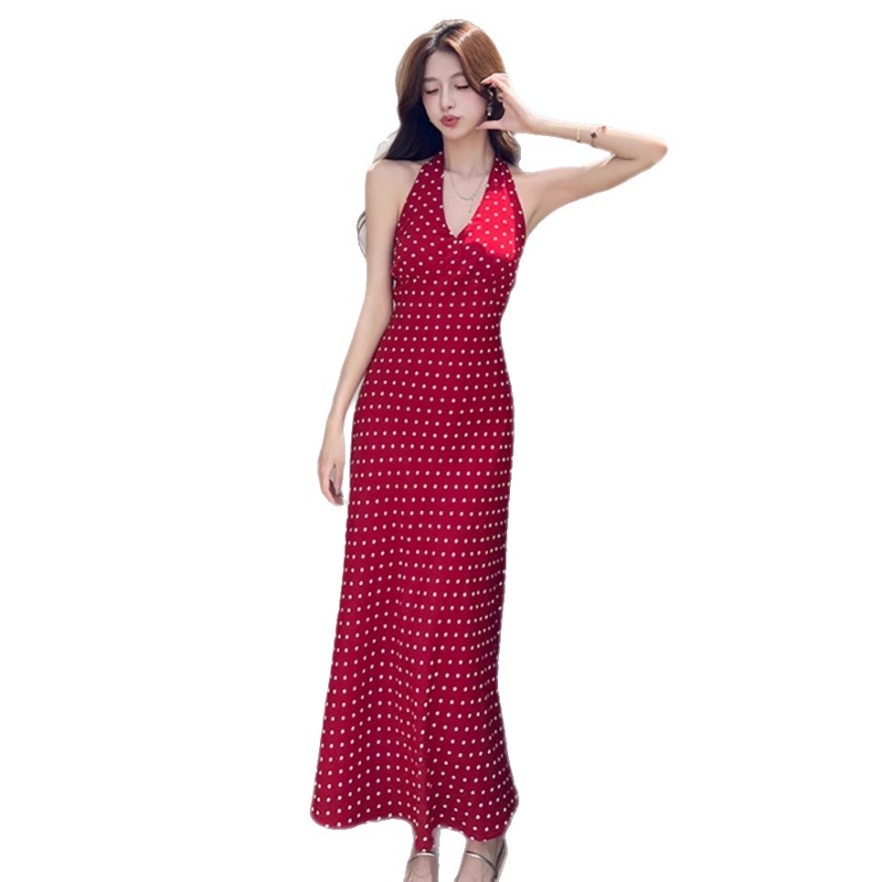Fitted Figure-flattering French-style Polka-dot Print Halter Dress