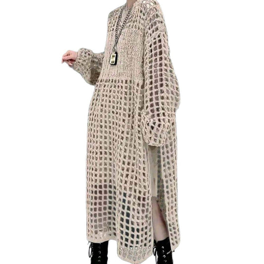 Loose Round Neck Dignified Hollow Knitted Dress High Slit Sweater