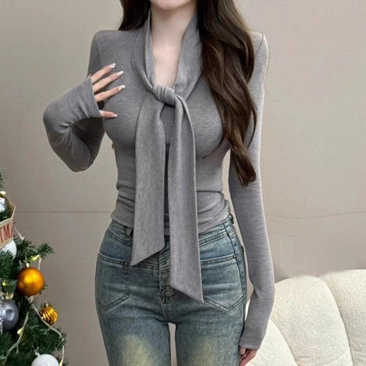 Pure Red V-neck Lace-up Bottoming Shirt