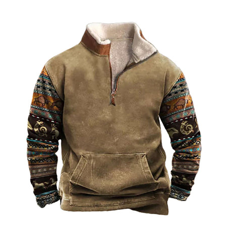 Spring And Autumn Men's Long Sleeves Half Zipper Printed Casual Fashion Jacket Coat