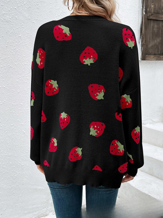 Fashionable Strawberry Jacquard Cardigan Sweater For Women
