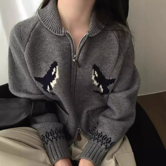 Korean Style Heavy Industry Cartoon Dolphin Lapel Zipper Knitted Cardigan