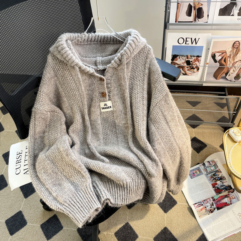 Hooded Soft Glutinous Thick Drawstring Knitted Sweater Top