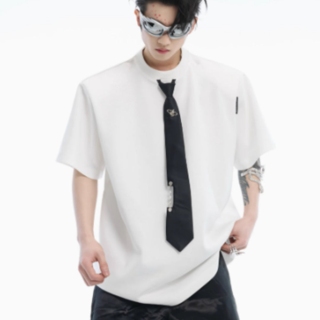 Niche Tie Stitching Design Short Sleeve Solid Color